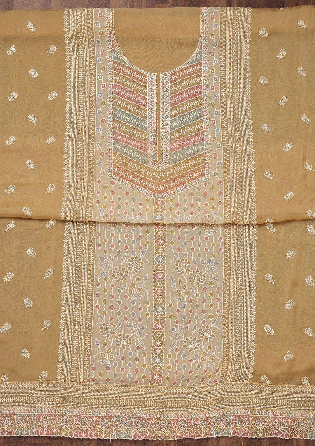 Beige Zariwork Semi Crepe Unstitched Salwar Suit