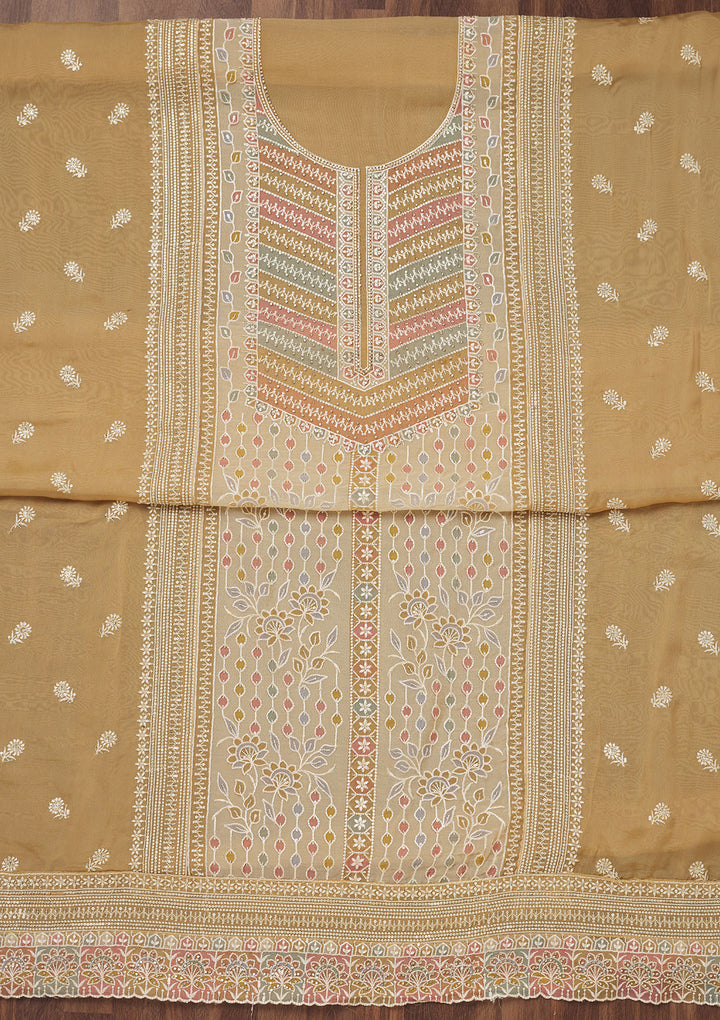 Beige Zariwork Semi Crepe Unstitched Salwar Suit