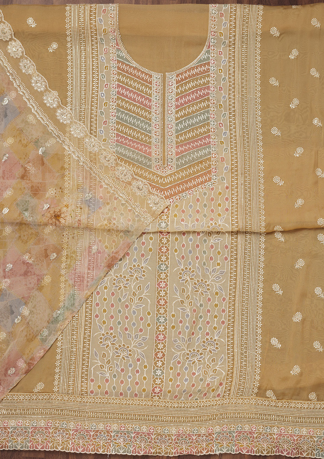 Beige Zariwork Semi Crepe Unstitched Salwar Suit