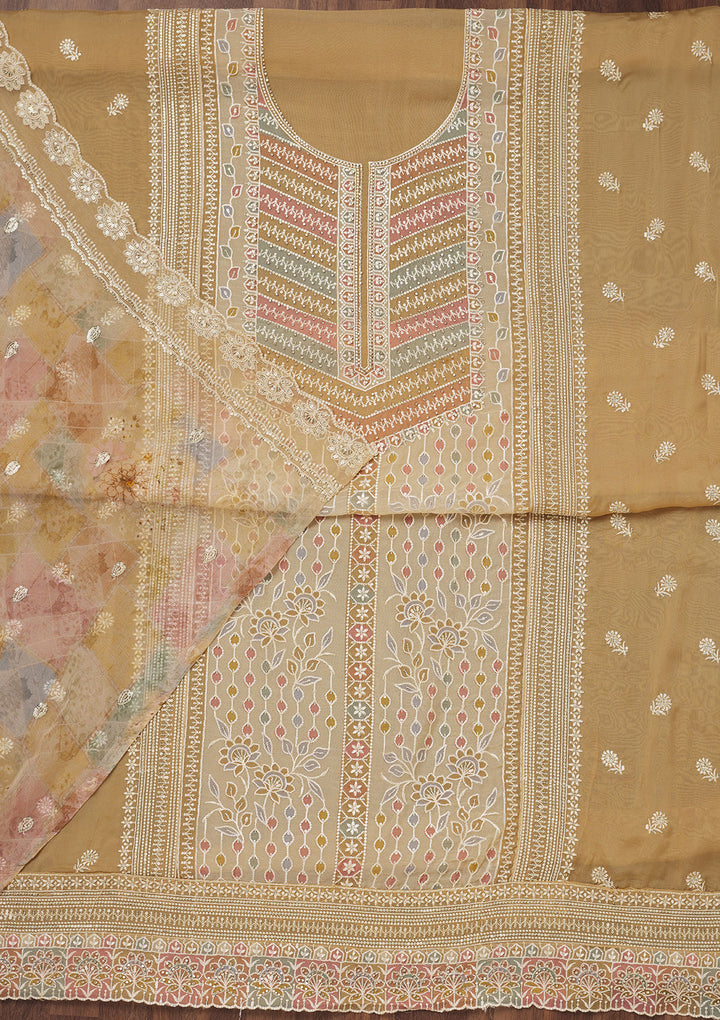 Beige Zariwork Semi Crepe Unstitched Salwar Suit