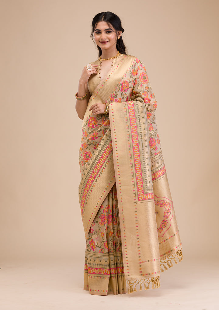 Beige Zariwork Soft Silk Saree