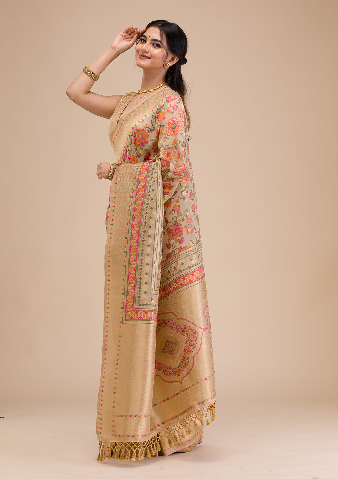 Beige Zariwork Soft Silk Saree