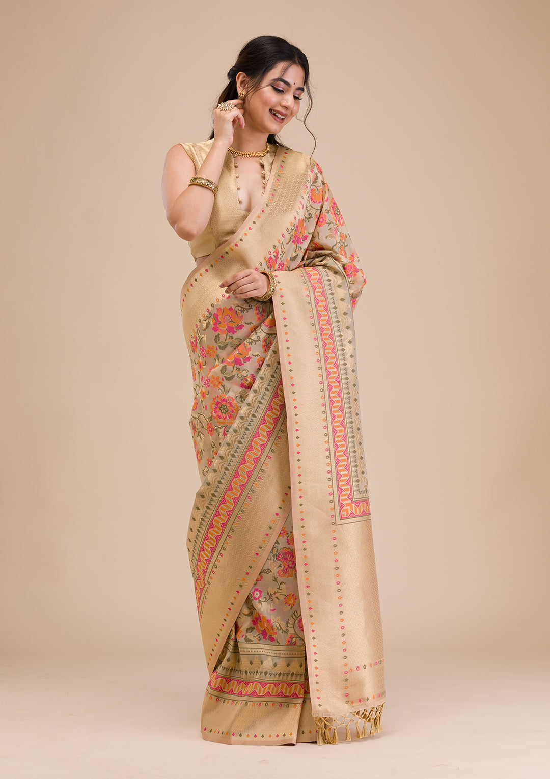 Beige Zariwork Soft Silk Saree