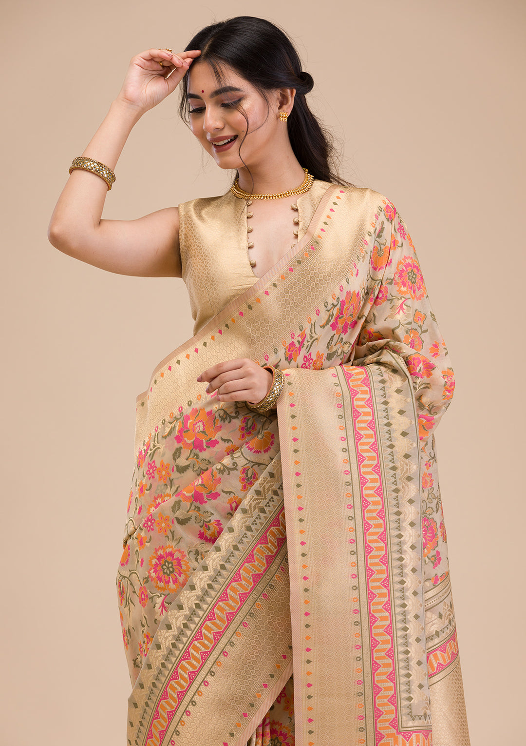 Beige Zariwork Soft Silk Saree