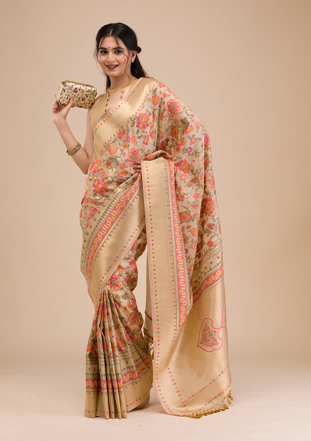 Beige Zariwork Soft Silk Saree