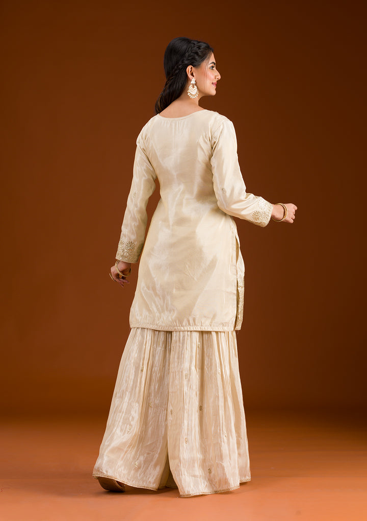 Beige Zariwork Tissue Readymade Salwar Suit