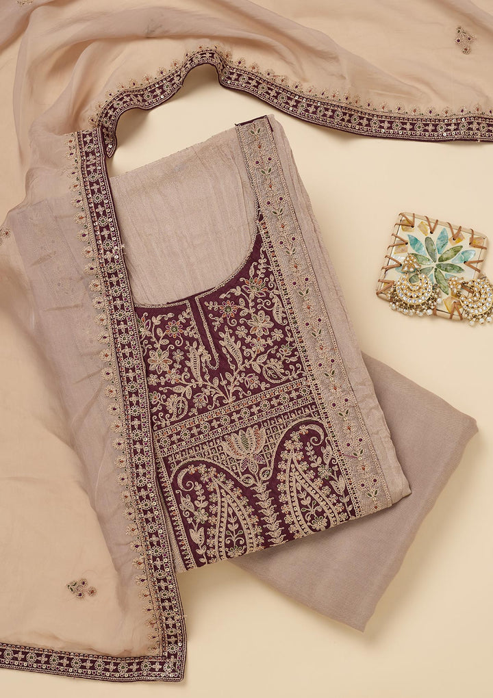 Beige Zariwork Tissue Unstitched Salwar Suit