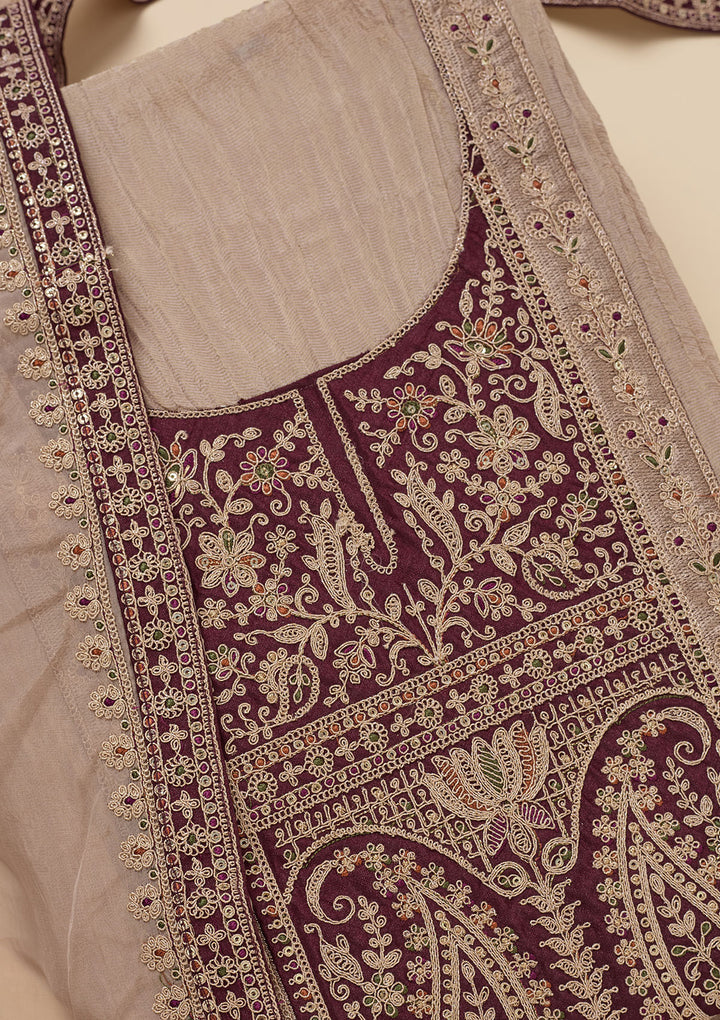 Beige Zariwork Tissue Unstitched Salwar Suit