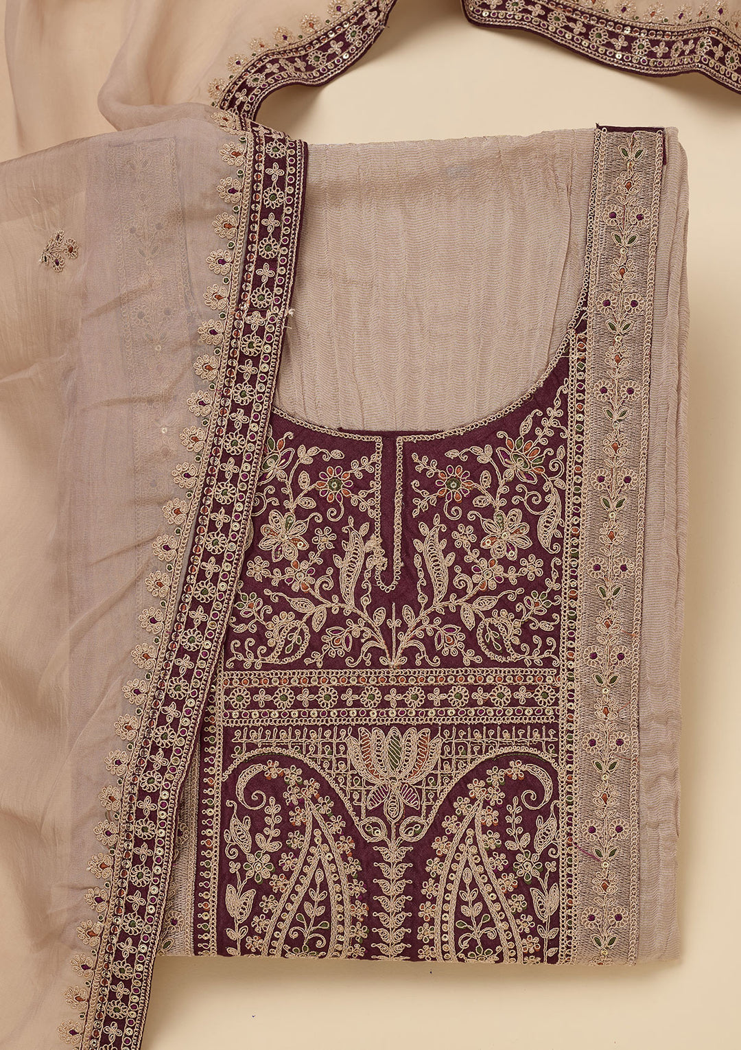 Beige Zariwork Tissue Unstitched Salwar Suit