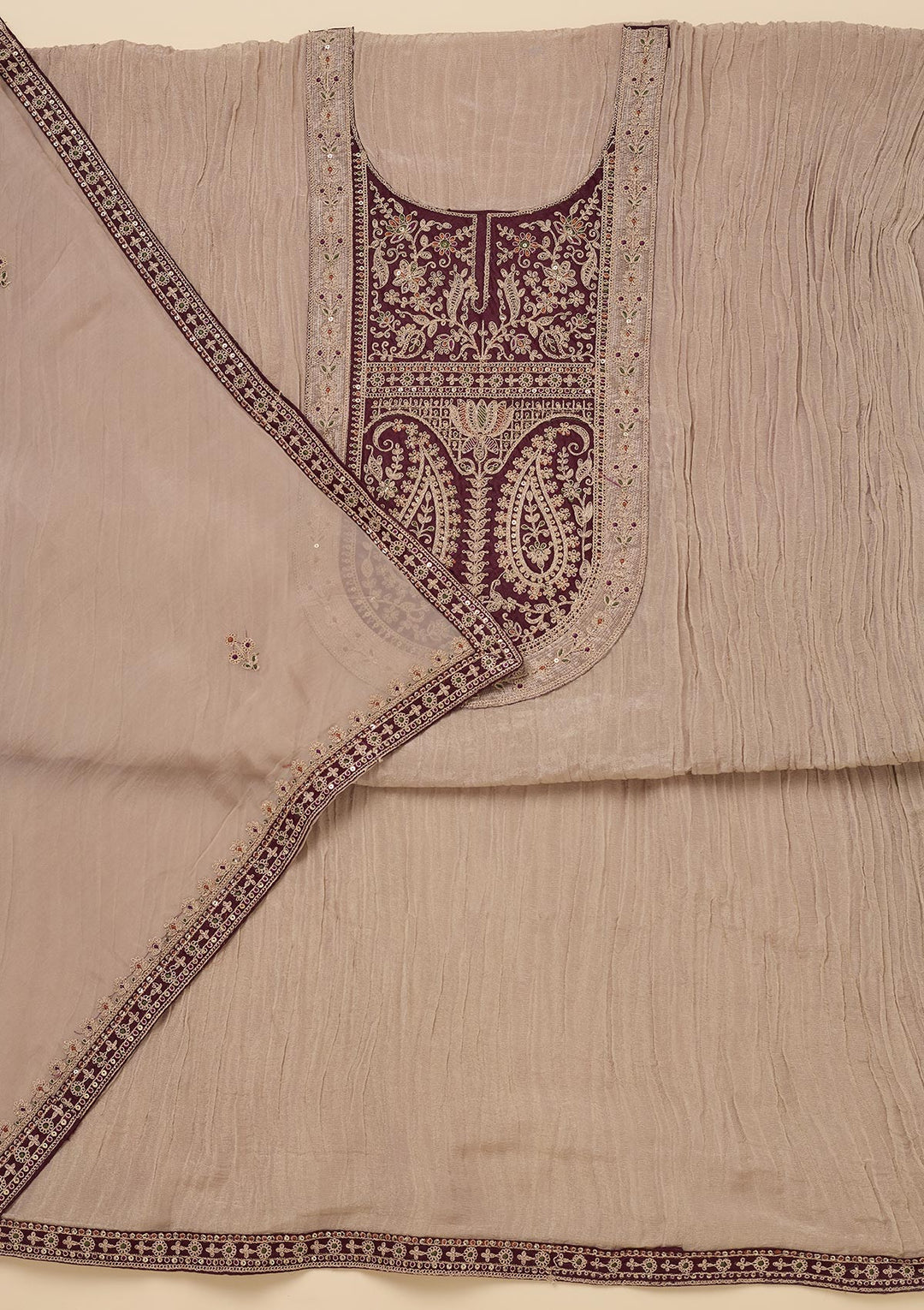 Beige Zariwork Tissue Unstitched Salwar Suit