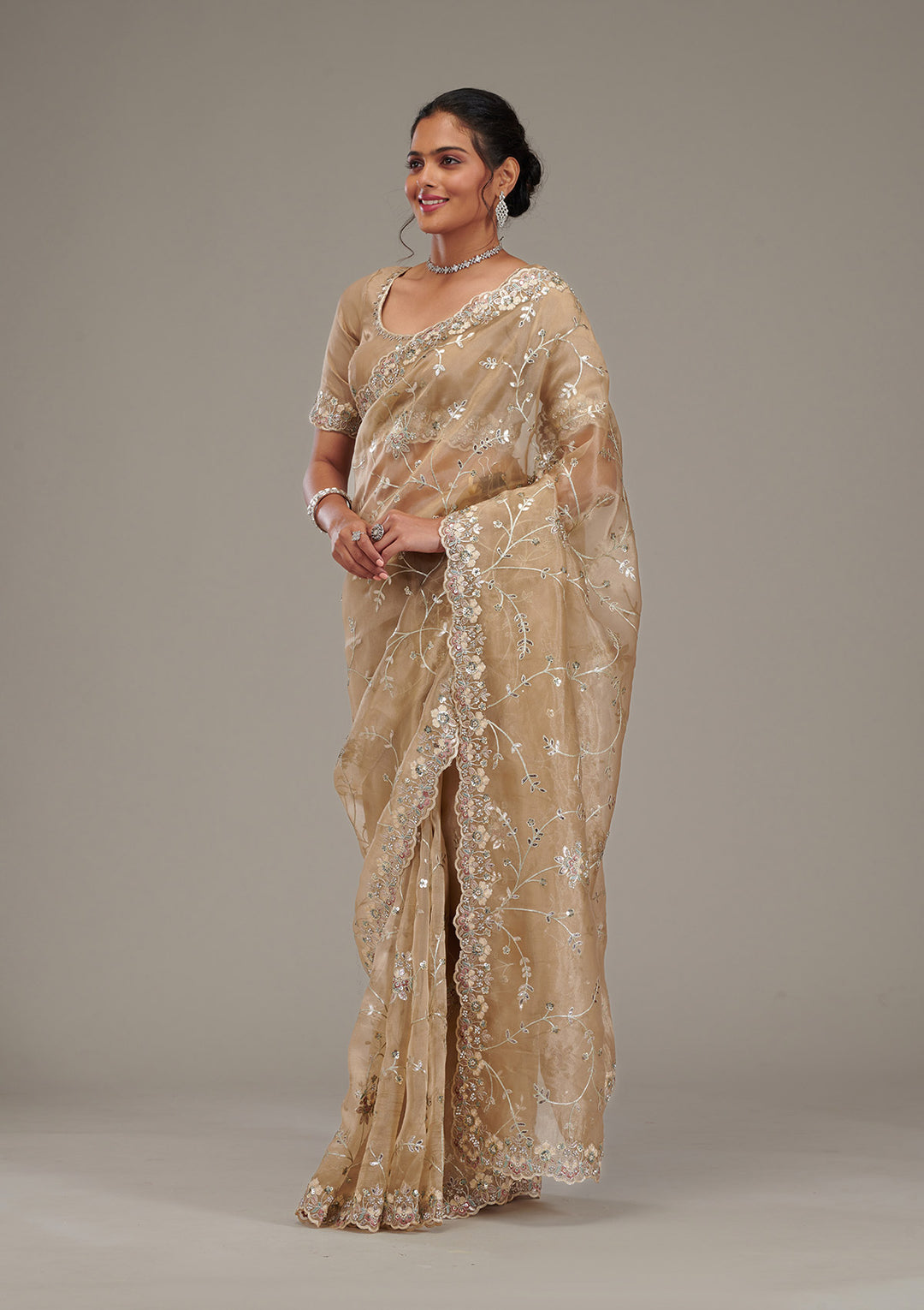 Beige Zariwork Tissue Saree