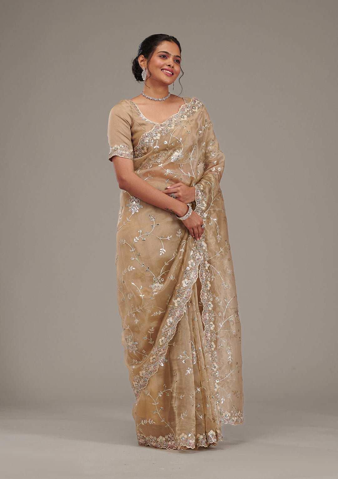 Beige Zariwork Tissue Saree