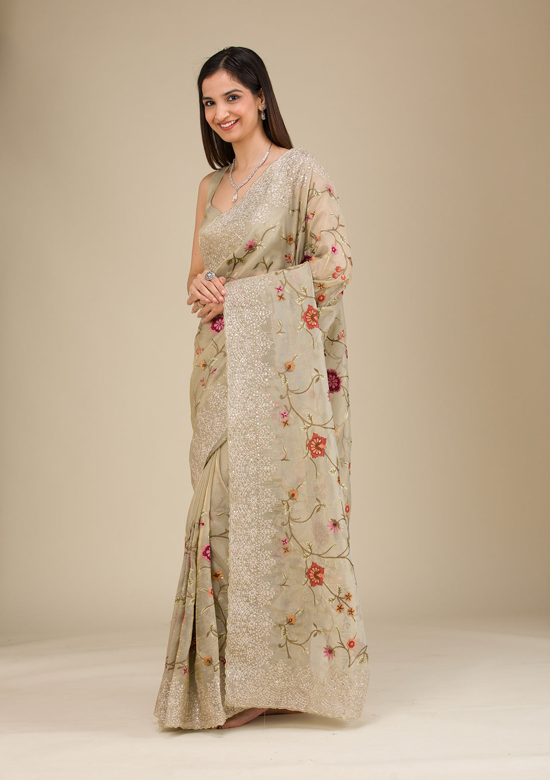 Beige Zariwork Tissue Saree
