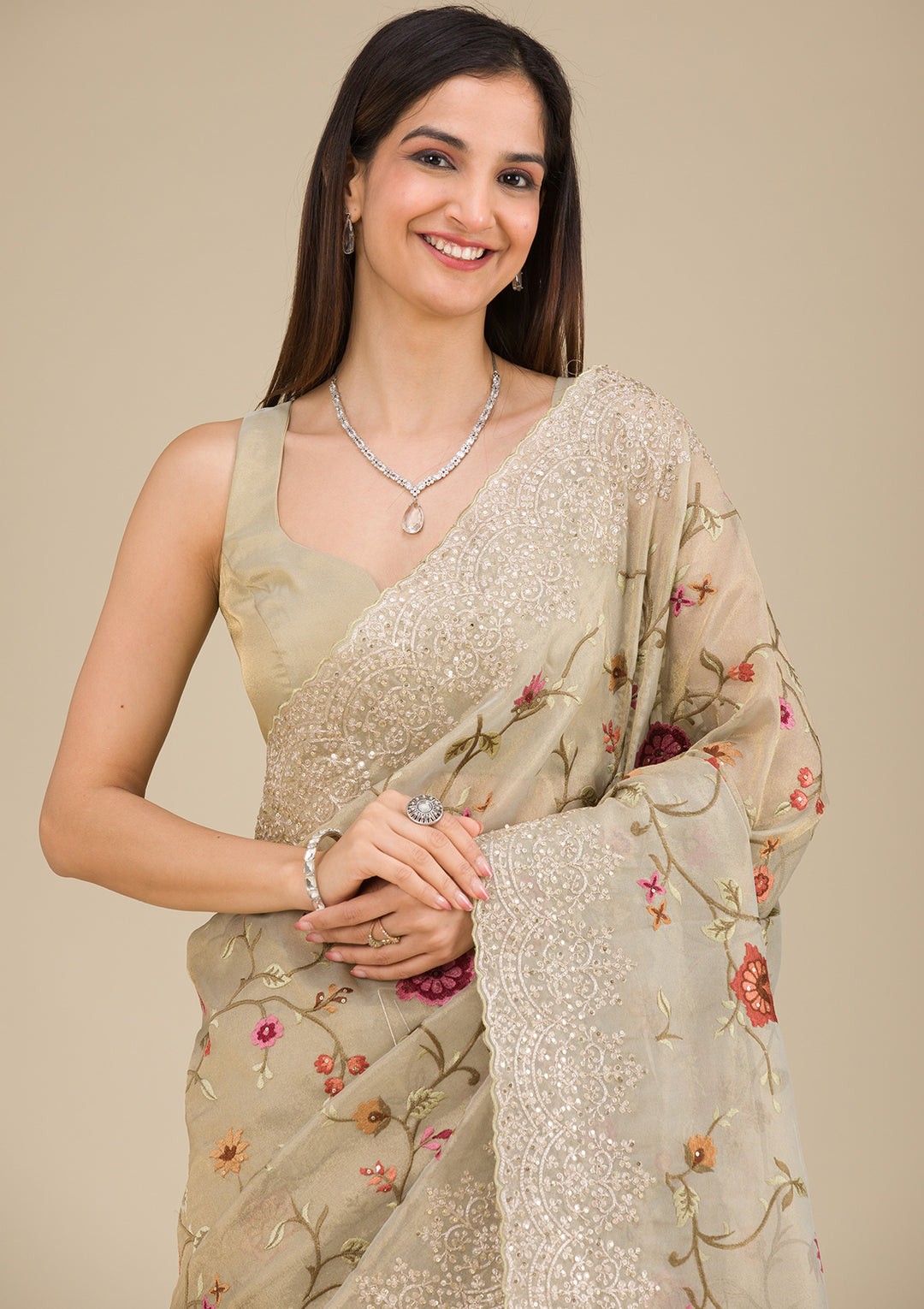 Beige Zariwork Tissue Saree