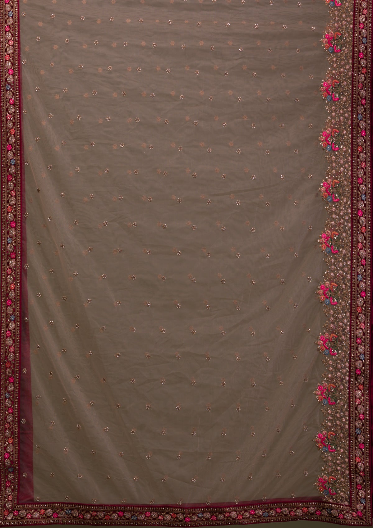 Beige Zariwork Velvet Readymade Lehenga