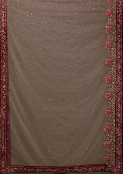 Beige Zariwork Velvet Readymade Lehenga