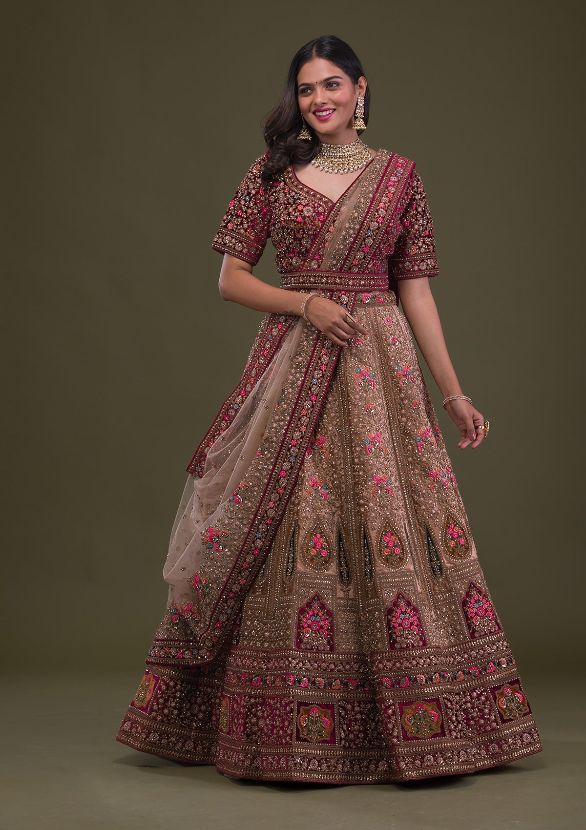 Beige Zariwork Velvet Readymade Lehenga-Koskii