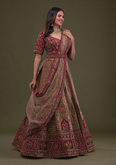 Beige Zariwork Velvet Readymade Lehenga