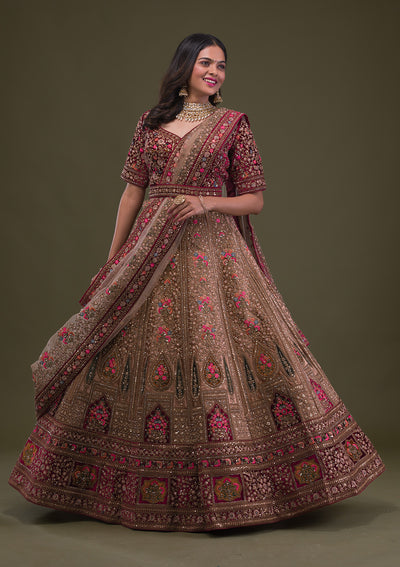 Beige Zariwork Velvet Readymade Lehenga