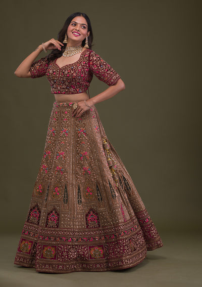 Beige Zariwork Velvet Readymade Lehenga