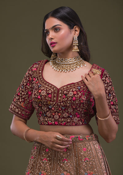 Beige Zariwork Velvet Readymade Lehenga