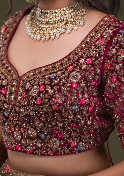 Beige Zariwork Velvet Readymade Lehenga