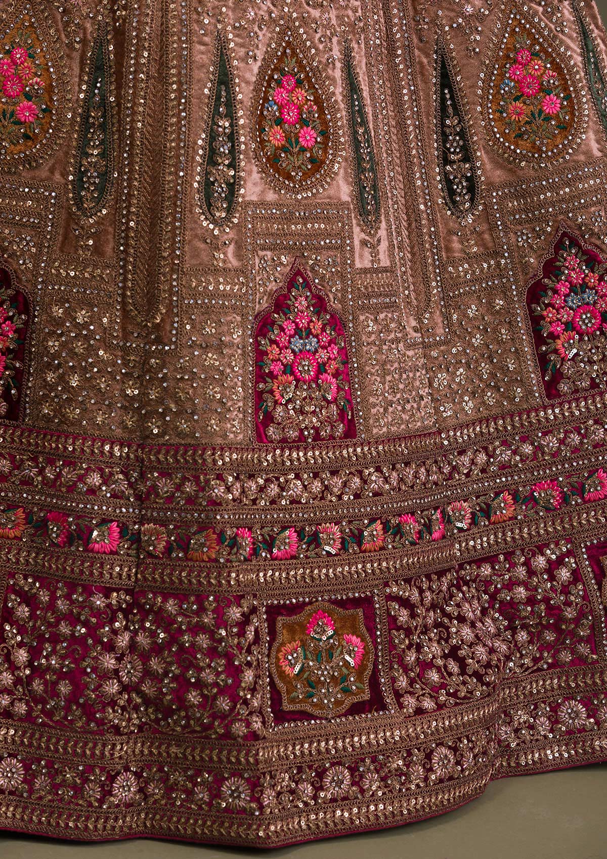 Beige Zariwork Velvet Readymade Lehenga