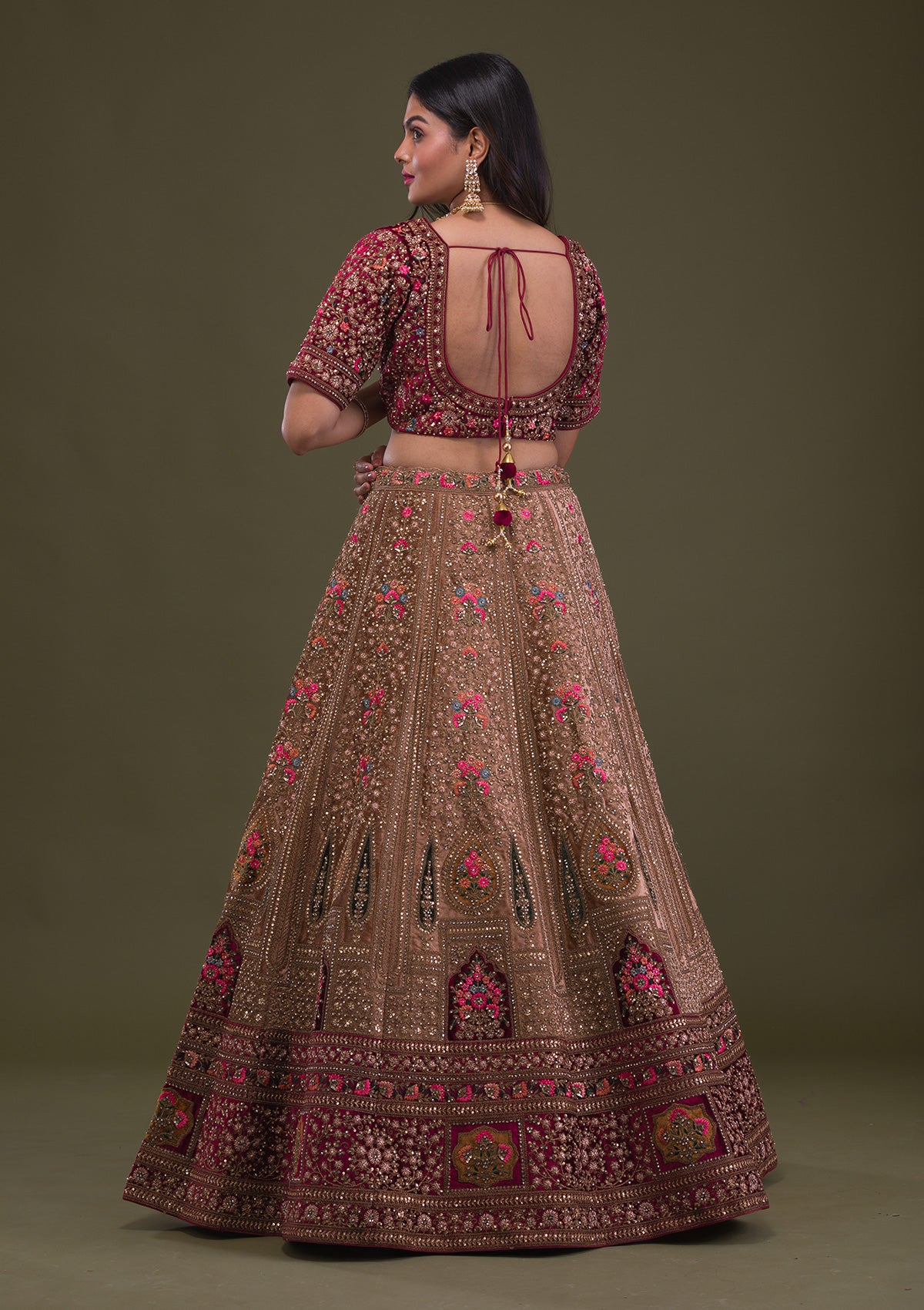Beige Zariwork Velvet Readymade Lehenga