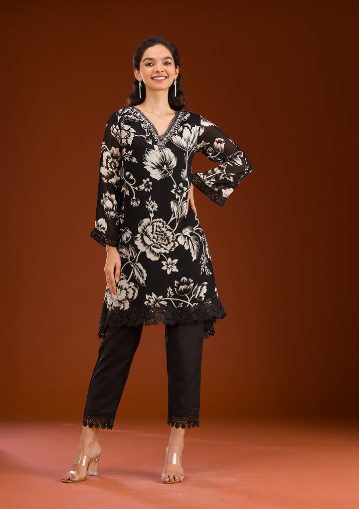 Black Cutdana Semi Crepe Readymade Salwar Suit