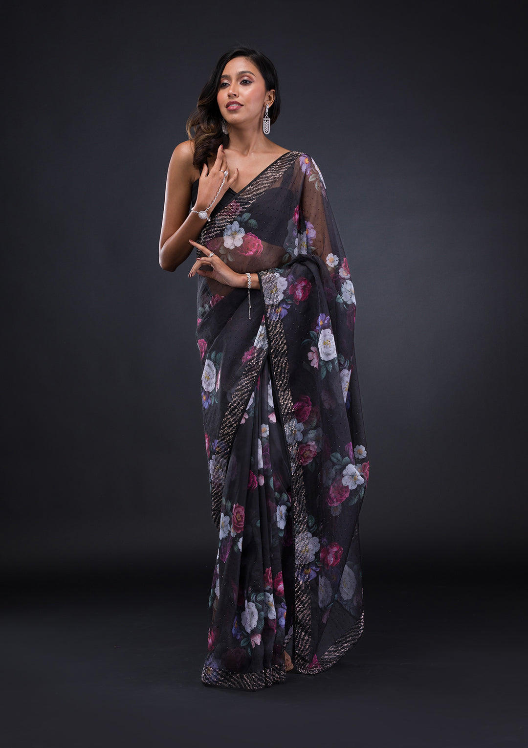 Black Floral Organza Saree
