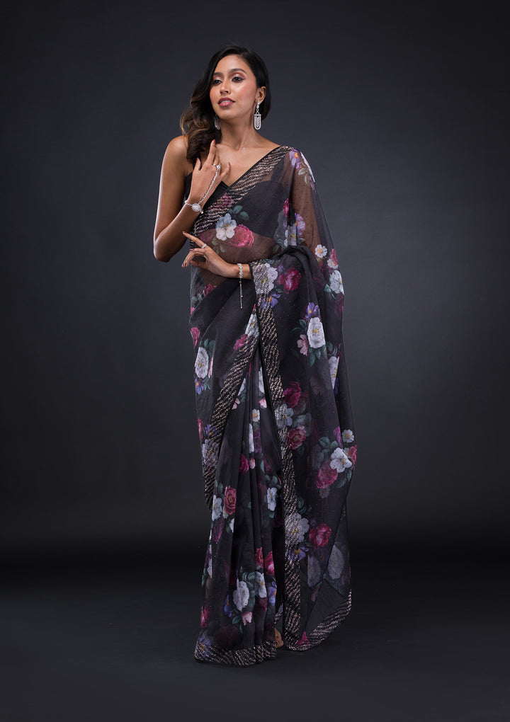 Black Floral Organza Saree