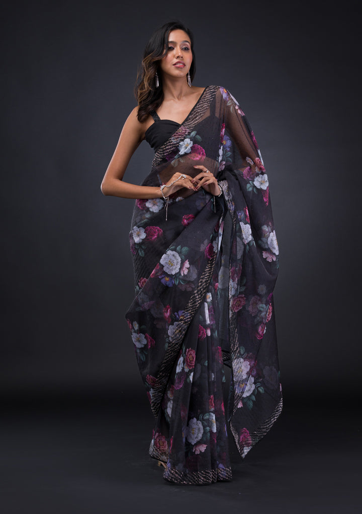 Black Floral Organza Saree