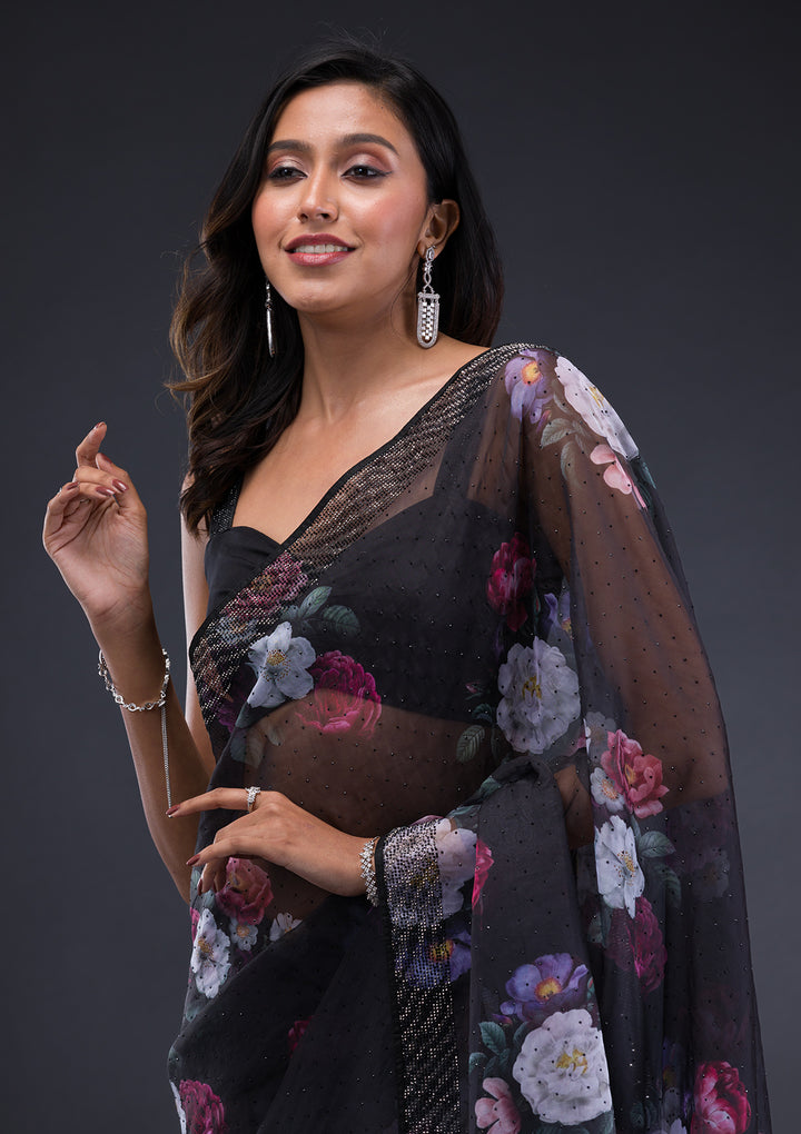 Black Floral Organza Saree