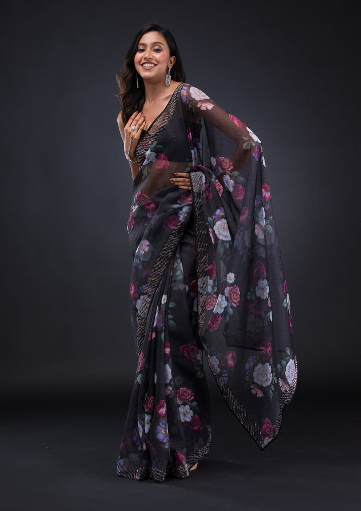 Black Floral Organza Saree