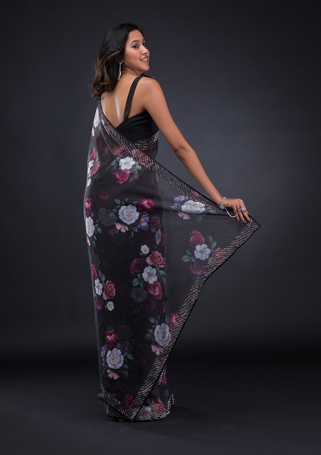 Black Floral Organza Saree