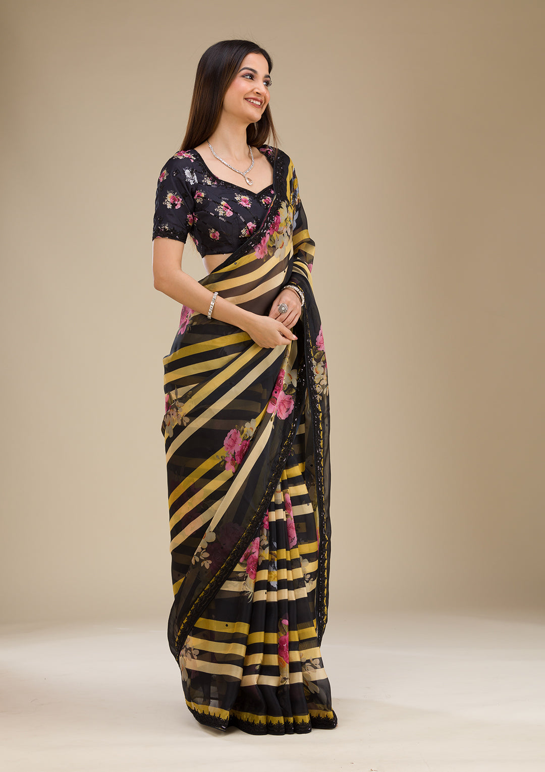 Black Printed Georgette Saree