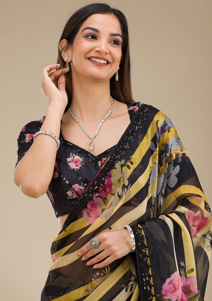 Black Printed Georgette Saree