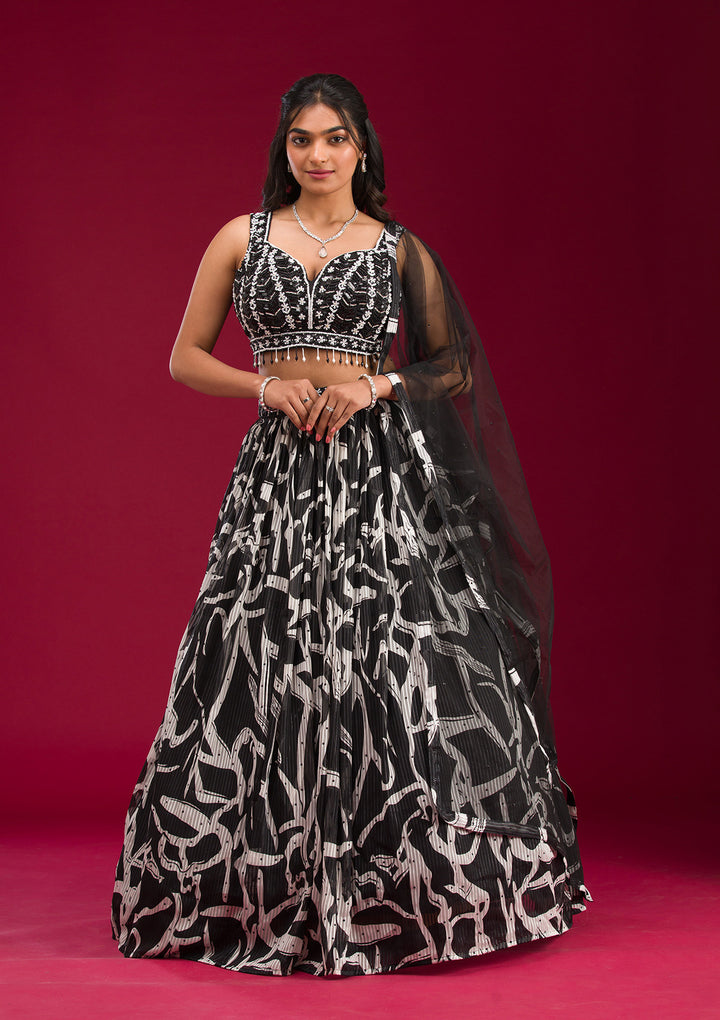 Black Printed Semi Crepe Readymade Lehenga