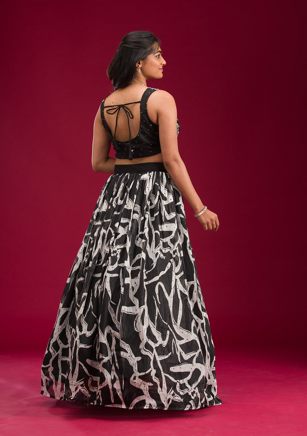 Black Printed Semi Crepe Readymade Lehenga
