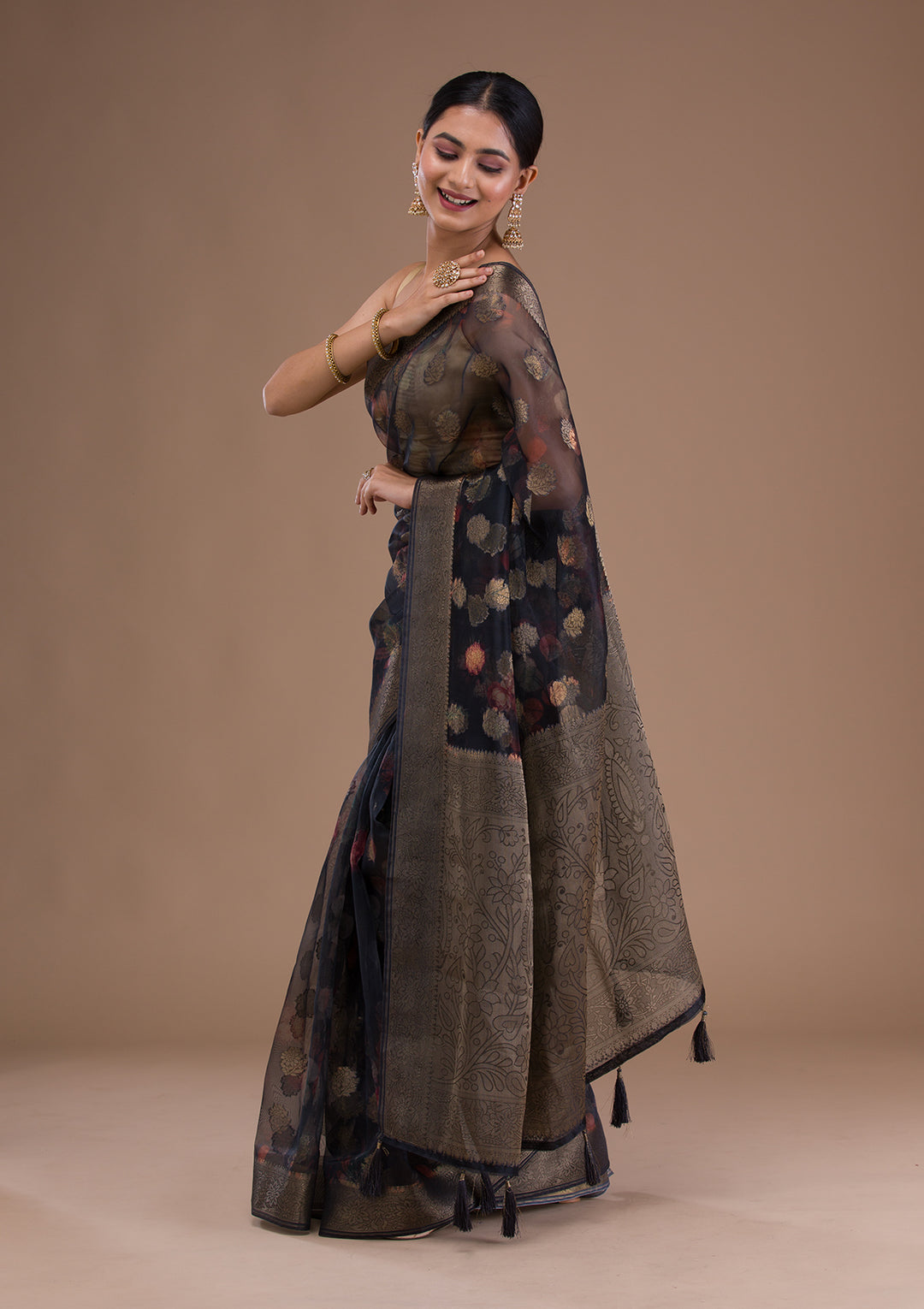 Black Printed Tissue Saree