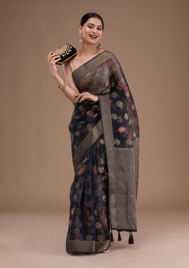 Black Printed Tissue Saree
