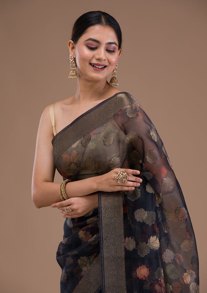Black Printed Tissue Saree