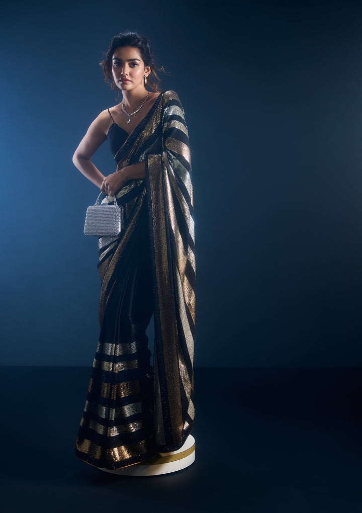 Black Sequins Georgette Designer Saree