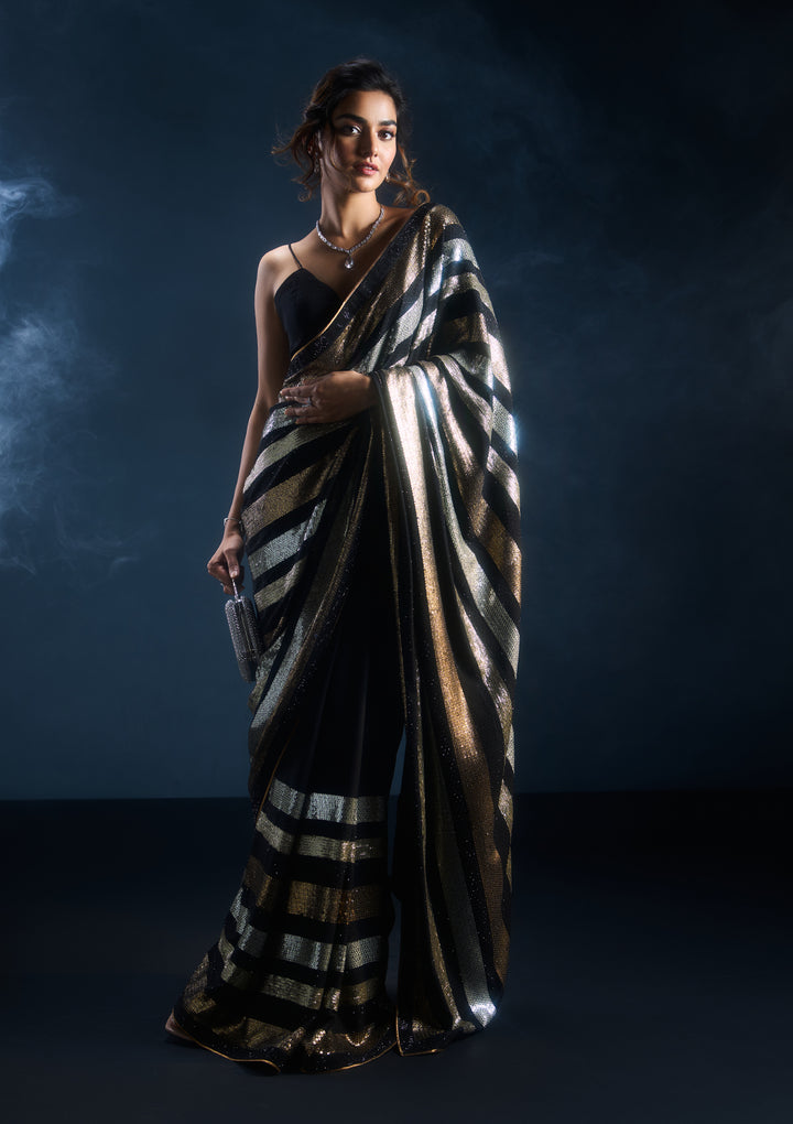 Black Sequins Georgette Designer Saree