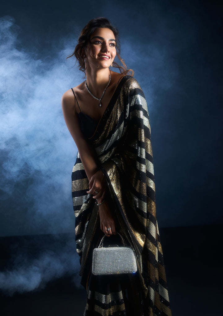 Black Sequins Georgette Designer Saree
