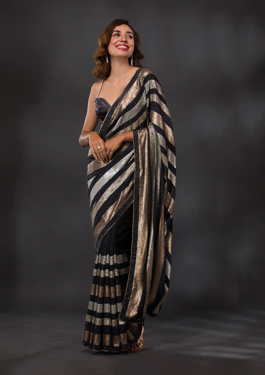 Black Sequins Georgette Designer Saree