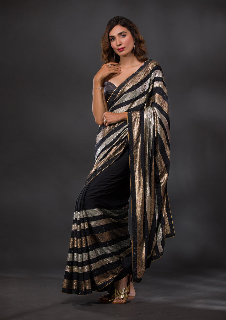 Black Sequins Georgette Designer Saree