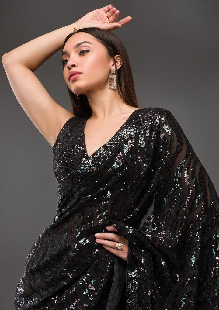Black Sequins Georgette Saree