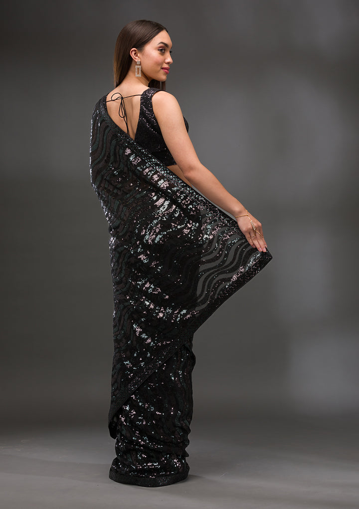 Black Sequins Georgette Saree