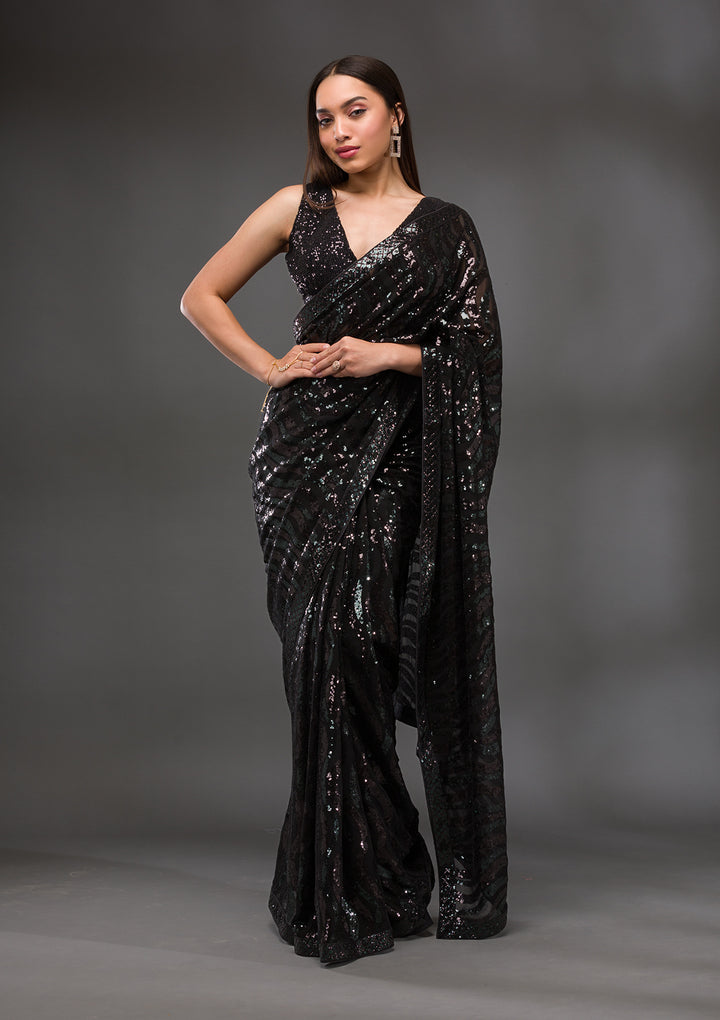 Black Sequins Georgette Saree